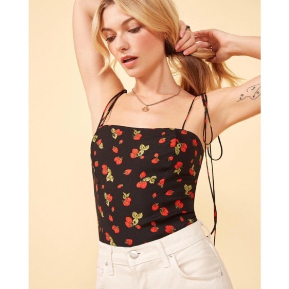 Reformation strawberry print lily tie strap top